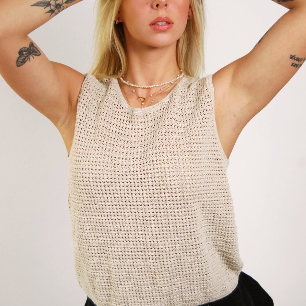 Linen Knit Tank (XL) vintage 90s beige gap top minimalist basic indie preppy - Picture 4 of 8